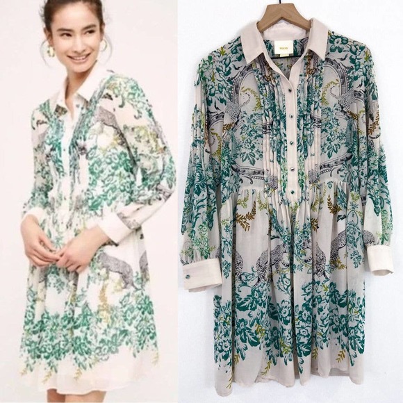 Maeve Dresses & Skirts - Anthropologie Maeve Novelty Print Dress Ria Jungle Print Shirt Sheer Chiffon 8